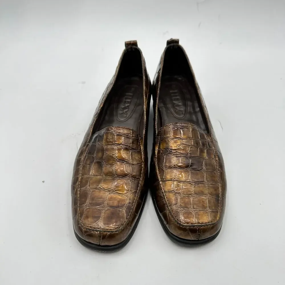 FLEXX Comfort Bronze Crocco Patent Leather Print Slip On Loafer // 7.5
